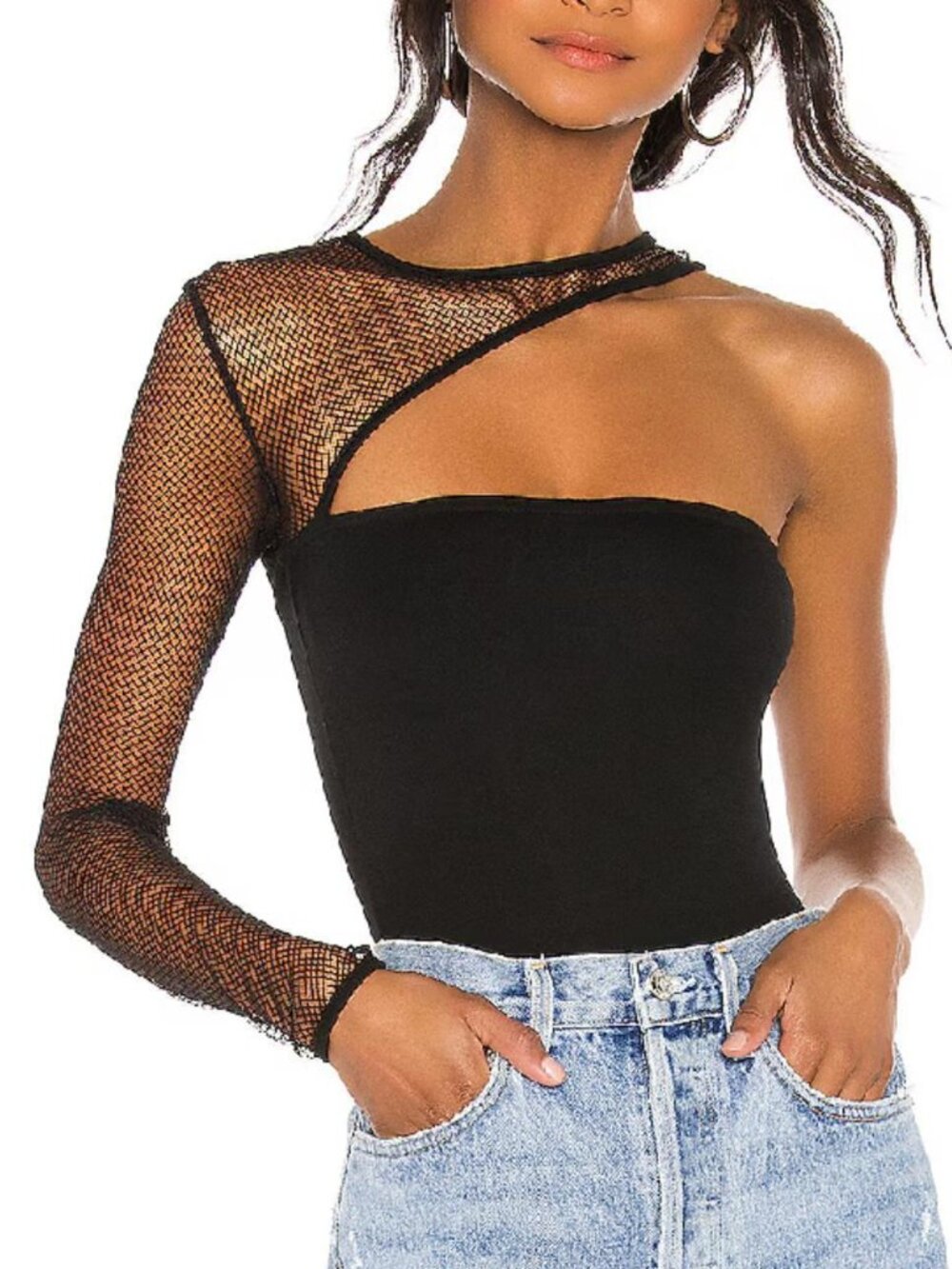 H:OURS Women's Black Mesh Bodysuit